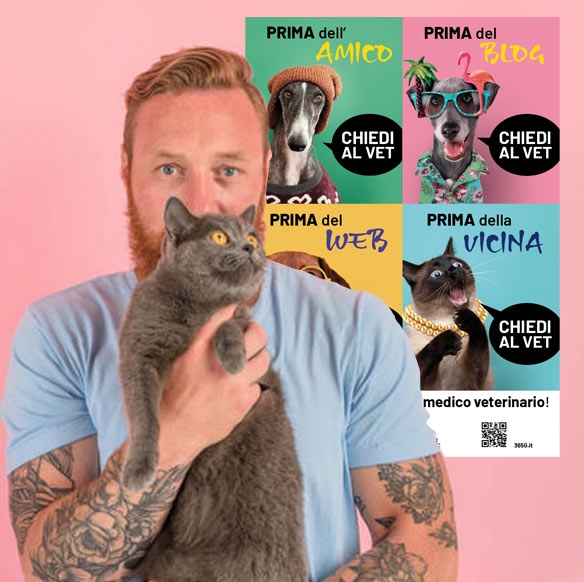Proprietario con gatto e poster Campagna Chiedi al VET